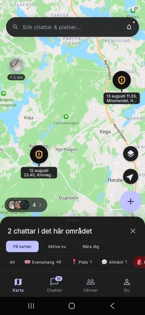 The tojo app: a map of chats and happenings nearby, with two chats in the area highlighted.